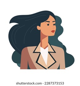 A business woman. Avatar of a brunette girl. Red lipstick on the lips. Vector illustration for banner or poster on white. Flat design, modern colors