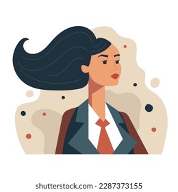 A business woman. Avatar of a brunette girl. Red lipstick on the lips. Vector illustration for banner or poster on white. Flat design, modern colors