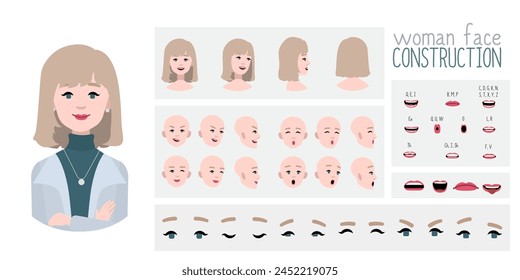 Business woman avatar creation  suitable for animation. Generator, constructor of diverse views of eyes, lips, emotion expressions mouth animation and lip sync. Girl character face construction. 