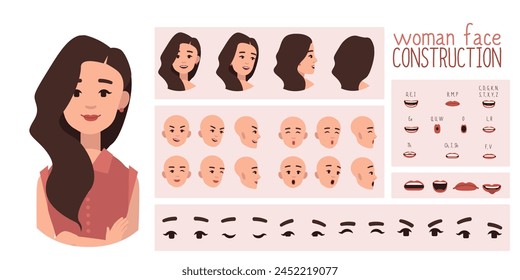 Creación de avatar de mujer de negocios adecuada para la animación. Generador, constructor de diversas vistas de ojos, labios, expresiones emocionales, animación bucal y lip sync. Chica personaje cara construcción. 