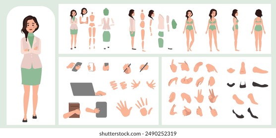 Business woman avatar creation suitable for animation. Generator, constructor of diverse views of face, body, hands and leg parts. Female character construction for comfortable fast motion design.