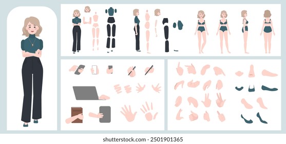 Business woman avatar creation suitable for animation. Generator, constructor of diverse views of face, body, hands and leg parts. Female character construction for comfortable fast motion design.