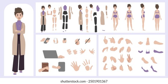 Business woman avatar creation suitable for animation. Generator, constructor of diverse views of face, body, hands and leg parts. Female character construction for comfortable fast motion design.