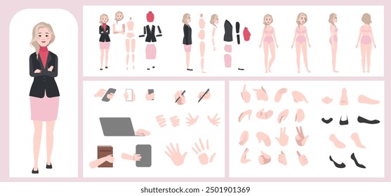 Business woman avatar creation suitable for animation. Generator, constructor of diverse views of face, body, hands and leg parts. Female character construction for comfortable fast motion design.