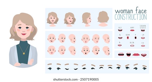 Business woman avatar creation suitable for animation. Generator, constructor of diverse views of eyes, lips, emotion expressions mouth animation and lip sync. Girl character face construction.