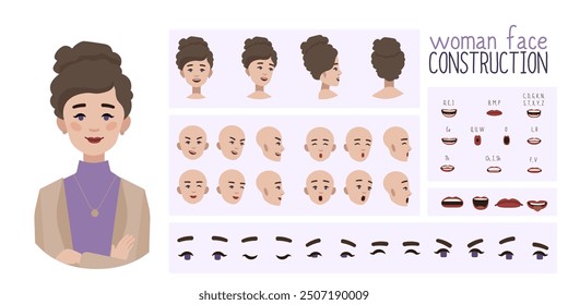 Business woman avatar creation suitable for animation. Generator, constructor of diverse views of eyes, lips, emotion expressions mouth animation and lip sync. Girl character face construction.