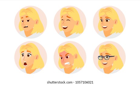 Business Woman Avatar Vector. Blonde Woman Face, Emotions Set. Female Placeholder. Modern Business Girl Avatar Set. Comic Face Art Isolated Illustration