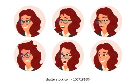 Business Woman Avatar Vector. Woman Face, Emotions Set. Female Creative Placeholder. Modern Girl. Comic Art Isolated Illustration
