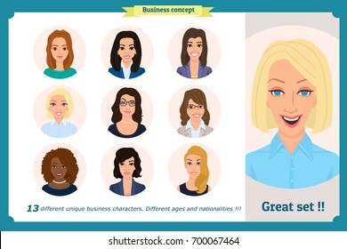 Business woman avatars set with smiling face.Team icons collection.Isolated vector illustration on white in flat cartoon.Cute woman in business clothes.Beautiful young girls portrait.female characters