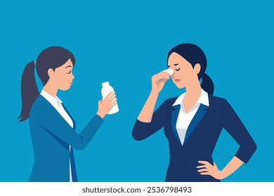 Uma mulher de negócios cheirando mal, desodorante asiático jovem mulher mão espreme plana vetor ilustração.