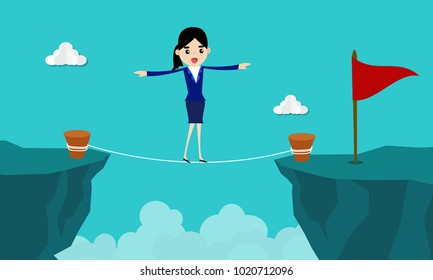 Business woman balancing on the rope high in the sky. vector illustration.