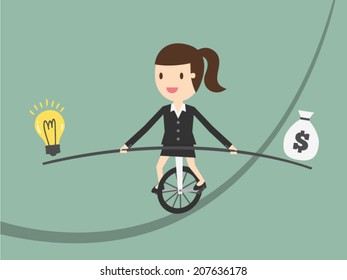 Business woman balancing on the rope with ideas and money