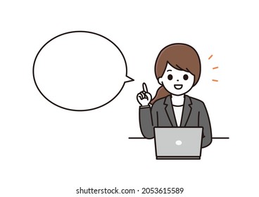 A business woman balloon illustration of a woman in a suit explaining with a smile in front of a computer