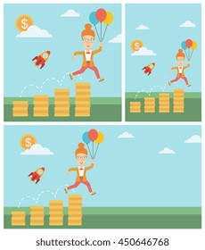 Business woman with balloons flying over golden coins and a business start up rocket flying nearby. Business start up concept. Vector flat design illustration. Square, horizontal, vertical layouts.