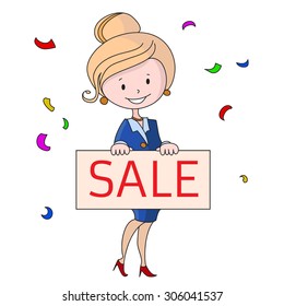 Business woman with a banner isolated on white background. Flat web design.