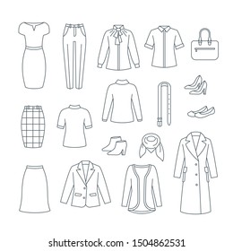 Business woman basic clothes and shoes set. Vector flat thin line icons. Office formal dress code outfit. Simple outline pictograms of dress, skirt, jacket, coat, trousers, shirt, bag, boots.