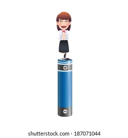 Business woman with battery over isolated white background
