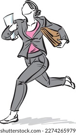 business woman being late concept running with suitcase and papers vector illustration