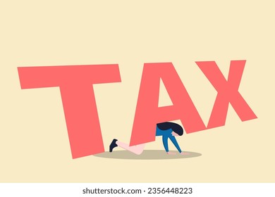 Business woman bending under TAX. concept of risk and financial