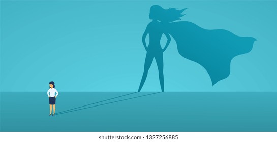 Business Woman With Big Shadow Superhero. Super Manager Leader In Business. Concept Of Success, Quality Of Leadership, Trust, Emancipation. Vector Illustration Flat Style.