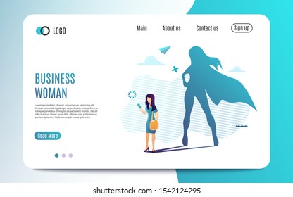 Business woman with big shadow superhero. Super manager leader in business. Template web page. Vector illustration flat style