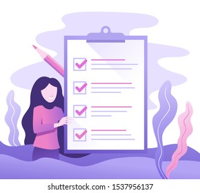 Business woman with big to-do list and pencil marked checklist on clipboard paper. Successful planning of business tasks. Flat cartoon vector illustration with abstract floral background