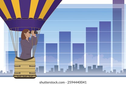 business woman with binoculars, floating in a hot air balloon high above, viewing large bar graph showing profit, with sky and building in the background