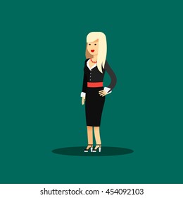 Business woman in black costume vector illustration. Office staff, isolated characters girl happy face, people success, manager and employee. Business concept in flat. Educational aspirations of man