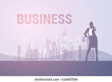 Business Woman Black Silhouette Full Length Speak Cell Smart Phone Call Over City Background Vector Illustration