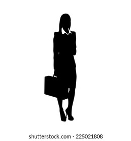 business woman black silhouette hold briefcase standing full length over white background