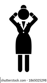 Business woman black silhouette. Lady dressed formal suit full length isolated on white background. Female raised both hands, holding his head makes a gesture of emotion or angry clenches her fists