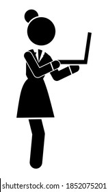 Business woman black silhouette side view. Female office worker working on a laptop isolated on white background. Lady student standing typing on tablet pc. Businesswoman working on a computer