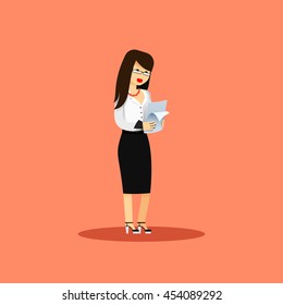 Business woman in black white costume vector illustration. Office staff, isolated characters girl , people success, in hands paper. Business concept in flat. 