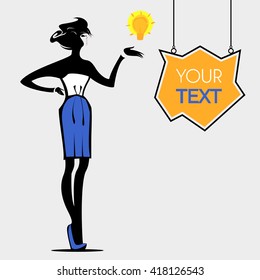 Business woman in a blue skirt with an idea and banner message with your text. Vector illustration