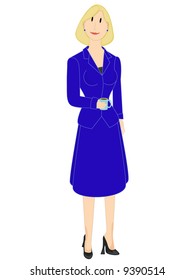 Business woman in blue suit holding a coffee cup.