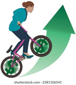 business woman, BMX bike concept of riding upward on a growth arrow with spinning dollar sign in the wheels, isolated on a white background