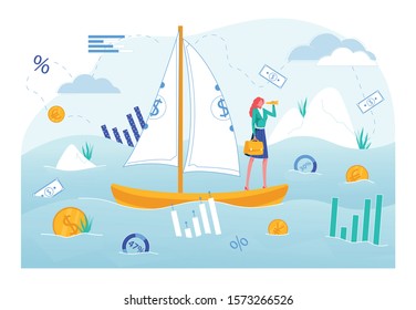 Business Woman in Boat with Banknotes Sail Cartoon Flat Vector Illustration. Girl with Spyglass Leading Company for Island with Money. Leadership. Moving Towards Success or Goal. Sea with Coins.