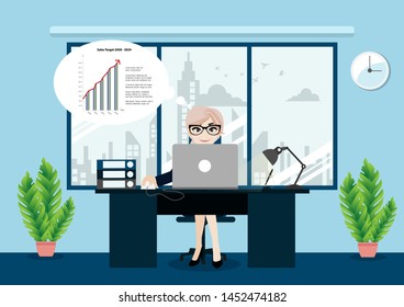 Business woman or a boss working at her desk in modern office interior background. creative office workspace and cartoon character style vector