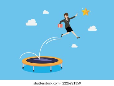 Business woman bounce on trampoline jump flying high to grab star. Business concept. Vector illustration