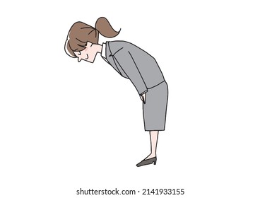 Business woman bowing politely (sideways) Comical handwritten person Vector, color on line drawing