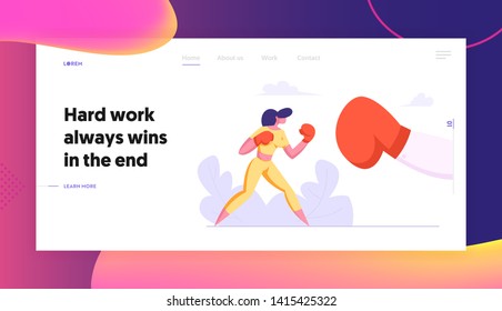 Business Woman Boxing with Big Glove Landing Page. Woman Fighting in Boxing Gloves. Business Competition, Challenge, Leadership Concept with Character Fight Banner. Vector flat illustration