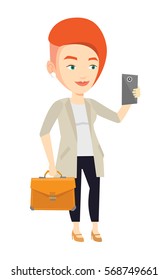 Business woman with briefcase making selfie. Business woman making selfie with cellphone. Woman looking at smartphone and taking selfie. Vector flat design illustration isolated on white background.