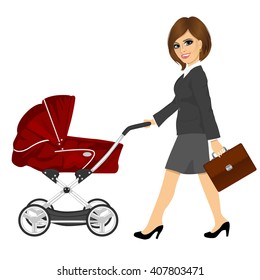 business woman with briefcase pushing pram, baby carriage or stroller