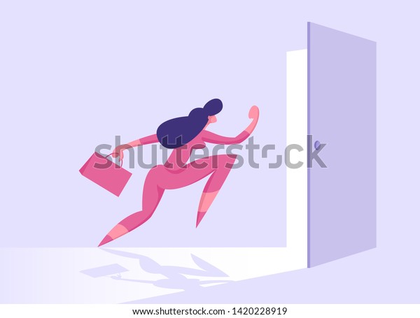 Business Woman with Briefcase Running into Open Door
Entrance or Exit, Businesswoman New Opportunity, Way, Escape,
Success and Career Growth, Right Solution Concept Cartoon Flat
Vector Illustration