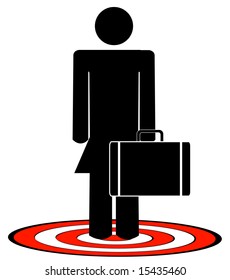 business woman with briefcase standing on target