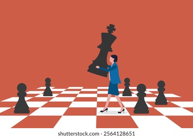 Business woman bring chess king to play game. concept of business strategy and win competition