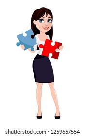 Business woman with brown hair, cartoon character in office style clothes. Modern lady businesswoman holds two pieces of puzzle. Vector illustration