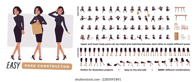 Business woman brunette character easy pose constructor. Office girl drag drop set, female assistant body match, figure building. Vector flat style cartoon construction kit isolated, white background