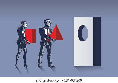 Business Woman and Businessman Carry Wrong Shape Illustration Concept