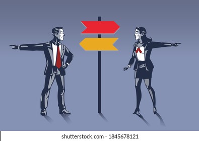 Business Woman and Businessman Have Disagreement Over Directions Business Illustration Concept